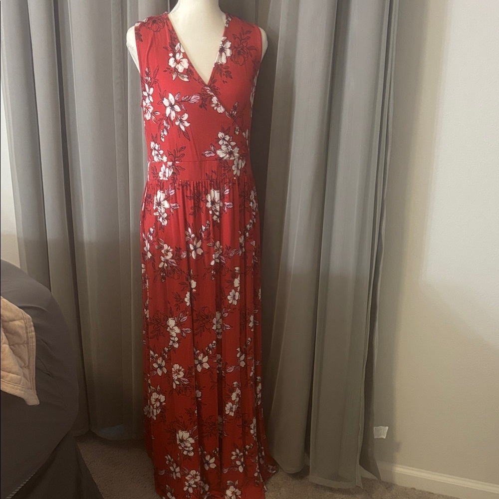 41 Hawthorn Red Floral Midi Dress Size L Sleeveless V Neck Faux Wrap - Picture 3 of 9